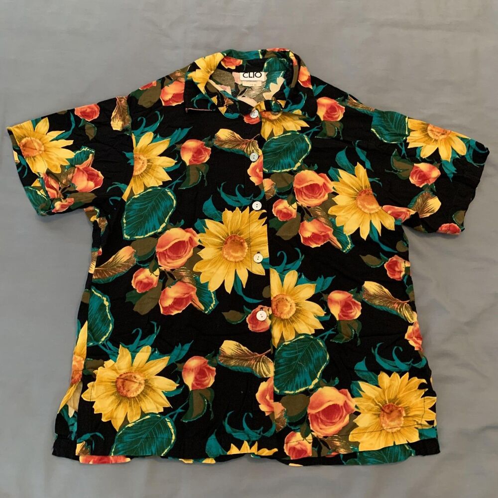 Vintage‎ Clio Shirt Womens Medium Floral Sunflower Rose Hawaiian Rayon USA 90s